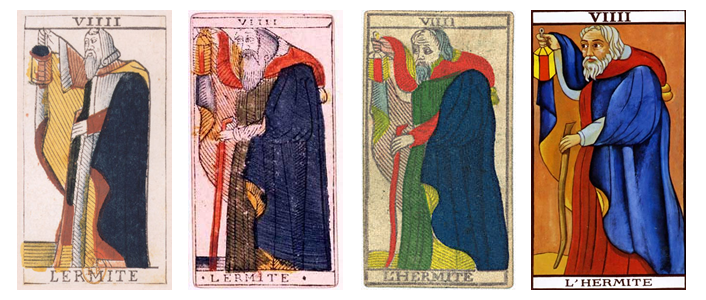Four versions of the Hermit trump of the Tarot de Marseille